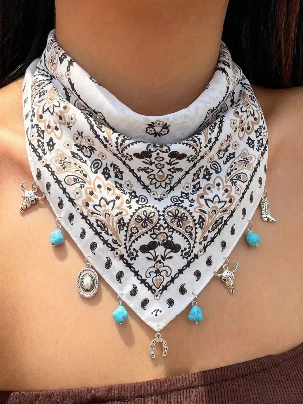 🤍 Western Paisley Cowgirl Charm Bandana 🐂 Turquoise Horseshoe Scarf